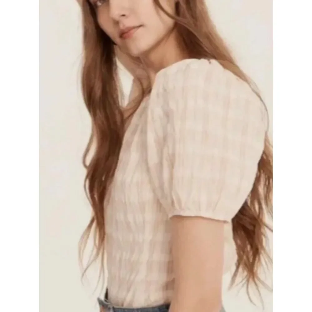 Like New! J Crew V-back Puff-Sleeve Blouse Textured Plaid Blue Mist Navy in 16